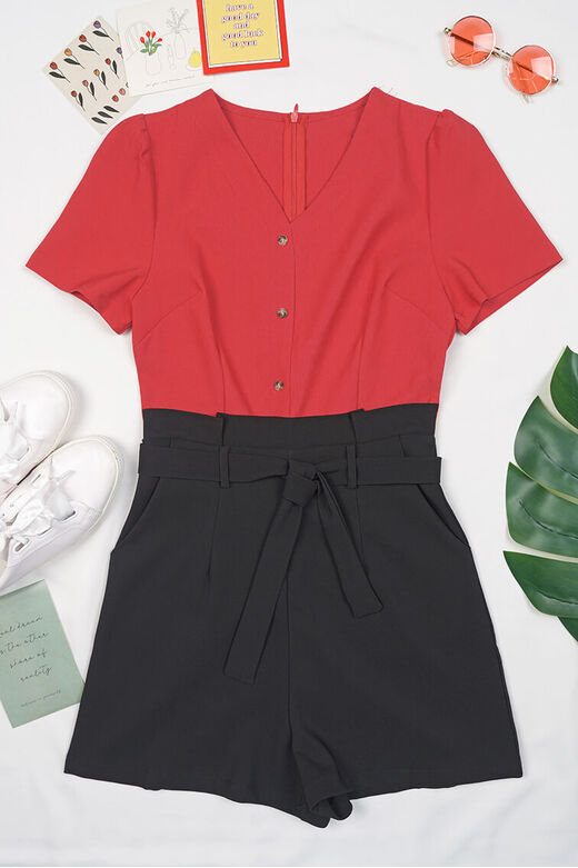 V Neck Button Down Contrast Top Waist Tie Playsuit (Red + Black)